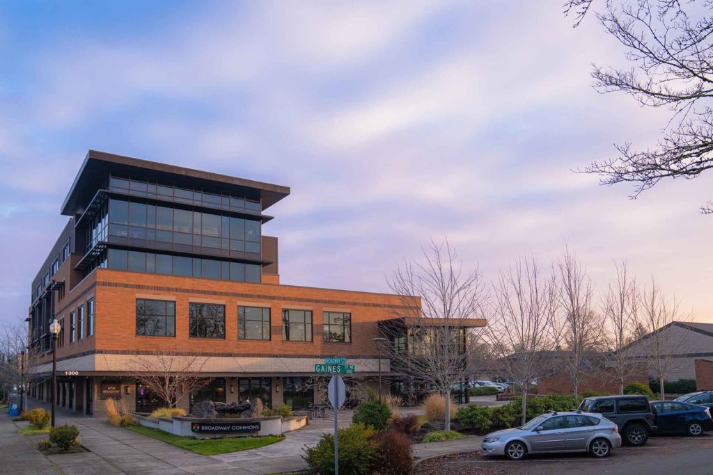 The south side of Broadway Commons in Salem, Oregon at sunrise