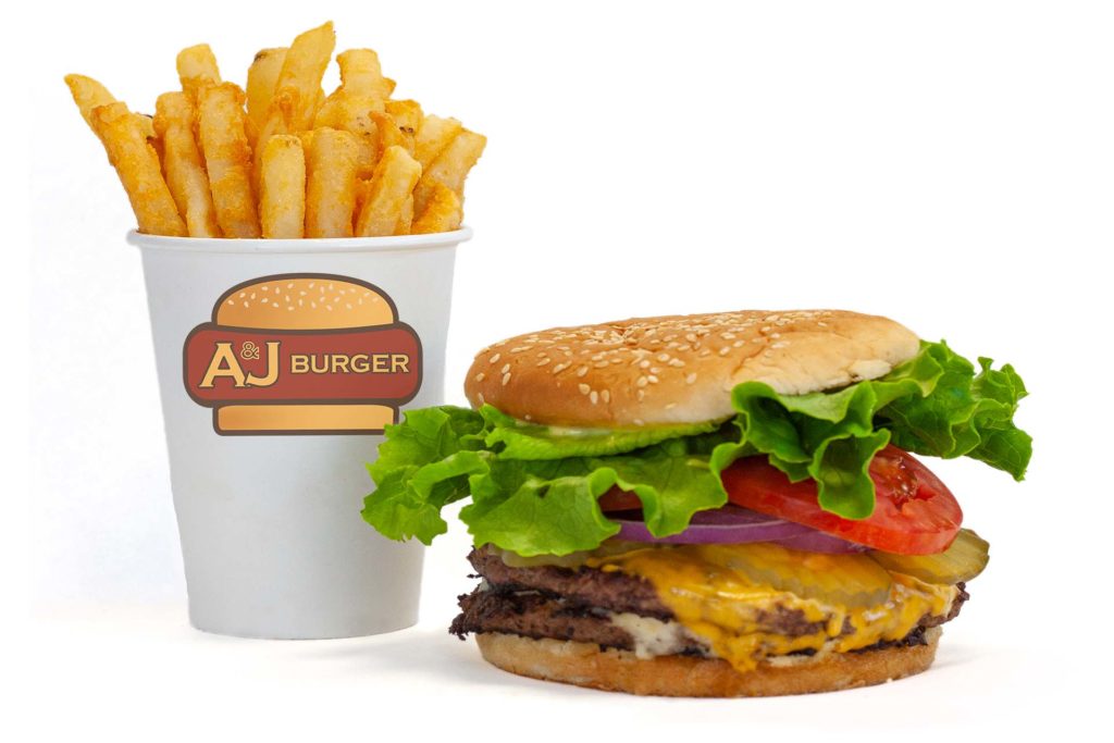 A double cheeseburger and fries from A&J Burger in Salem, Oregon